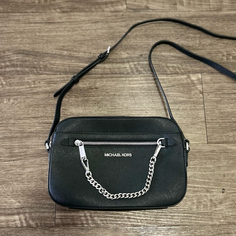 Michael Kors Black and Silver Crossbody Bag with Chain Detail